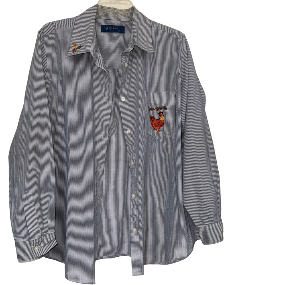 Karen Scott Men's Blue Striped Shirt with Rooster Embroidery